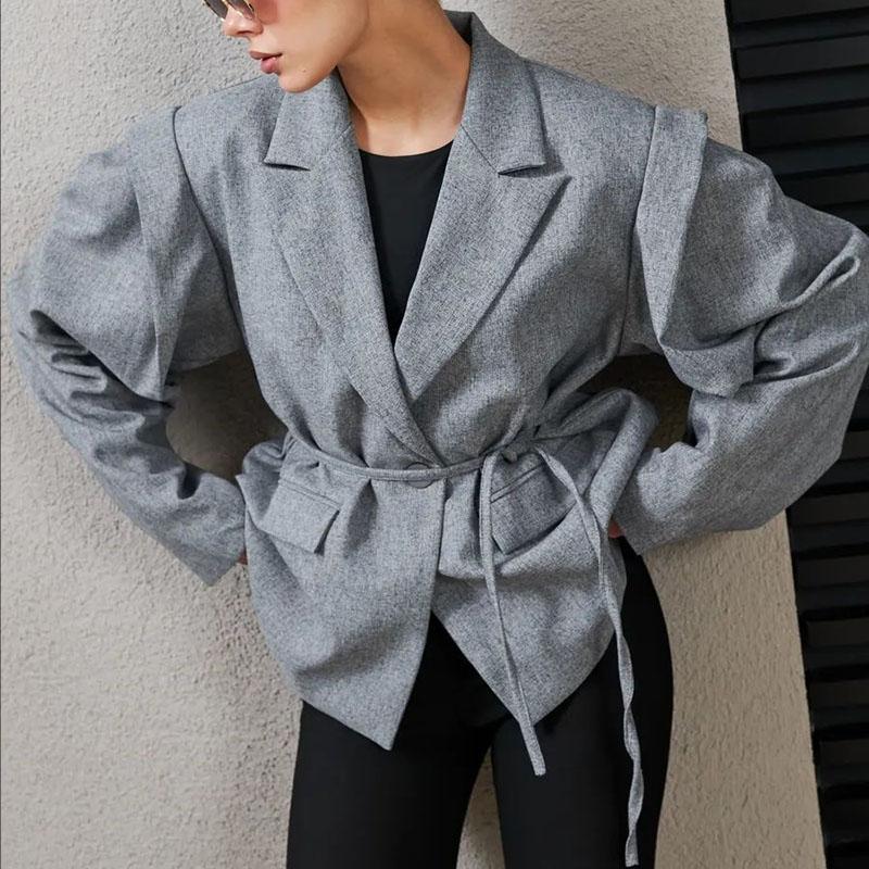 Fashion Floral Belts Blazer Coat Women Shoulder Pads Single Breasted Notched Long Sleeve Street Jacket 2025 Spring Holiday Party