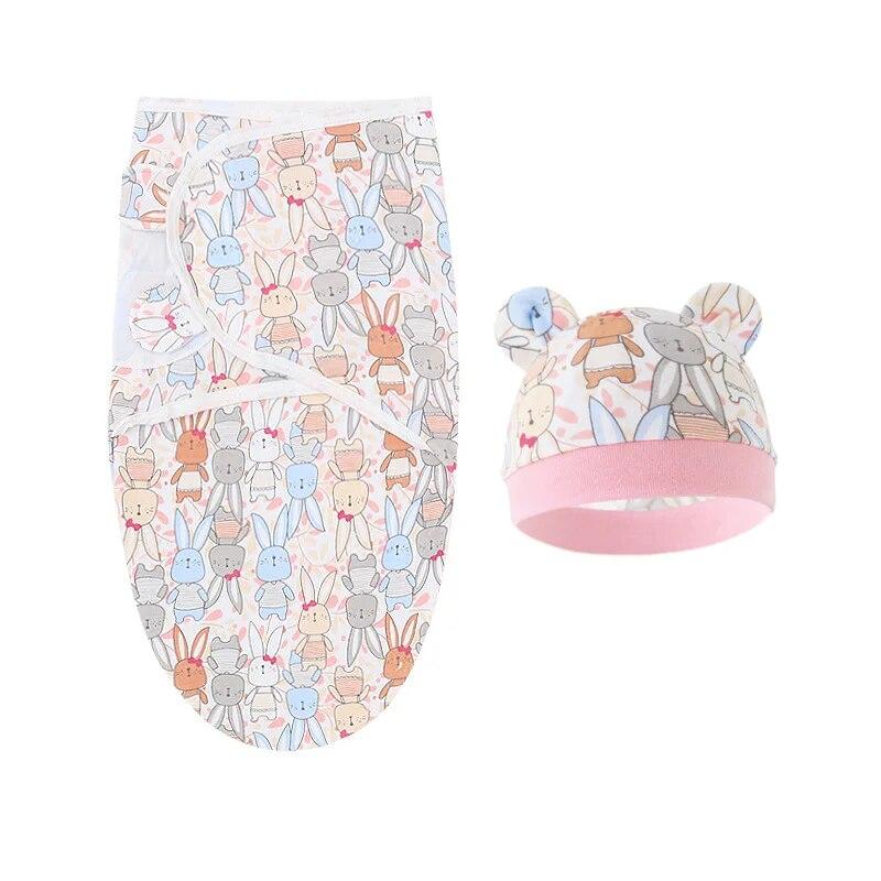 0-12 Months Newborn Swaddle Cartoon Printed Cotton Baby Blanket Hat Set Adjustable Infant Sleeping Swaddle Wraps All Seasons