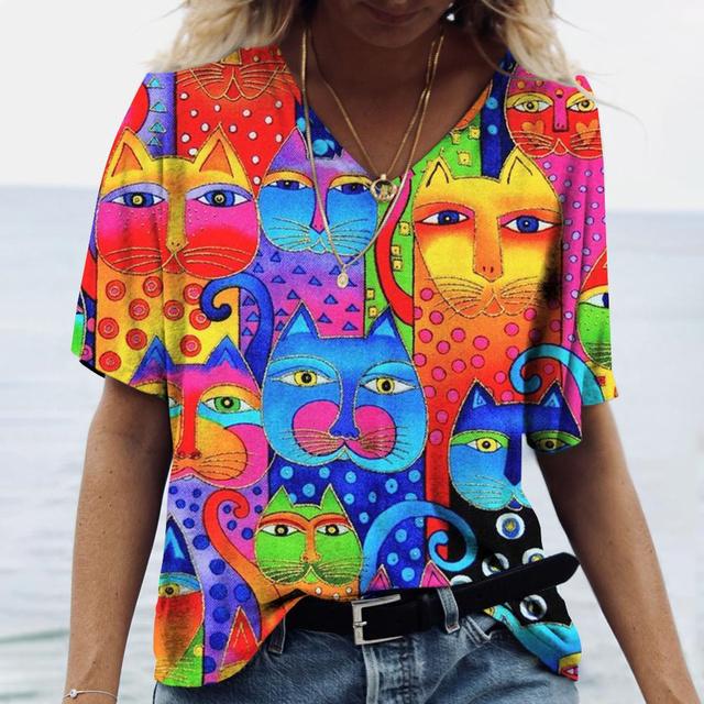 Женская футболка с принтом кота, летняя футболка с коротким рукавом и v-образным вырезом Kawaii, модные повседневные футболки, забавная женственная одежда с котенком