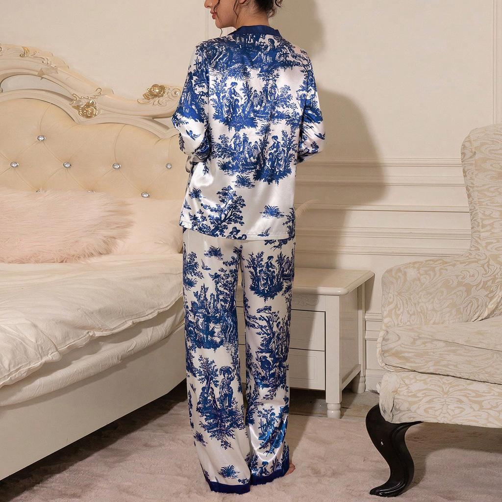 Spring Autumn Women Black Pyjamas Set Graphic Printing Tops and Pants Satin Sleepwear Loose 2 Piece Pajamas Loungewear Outfits