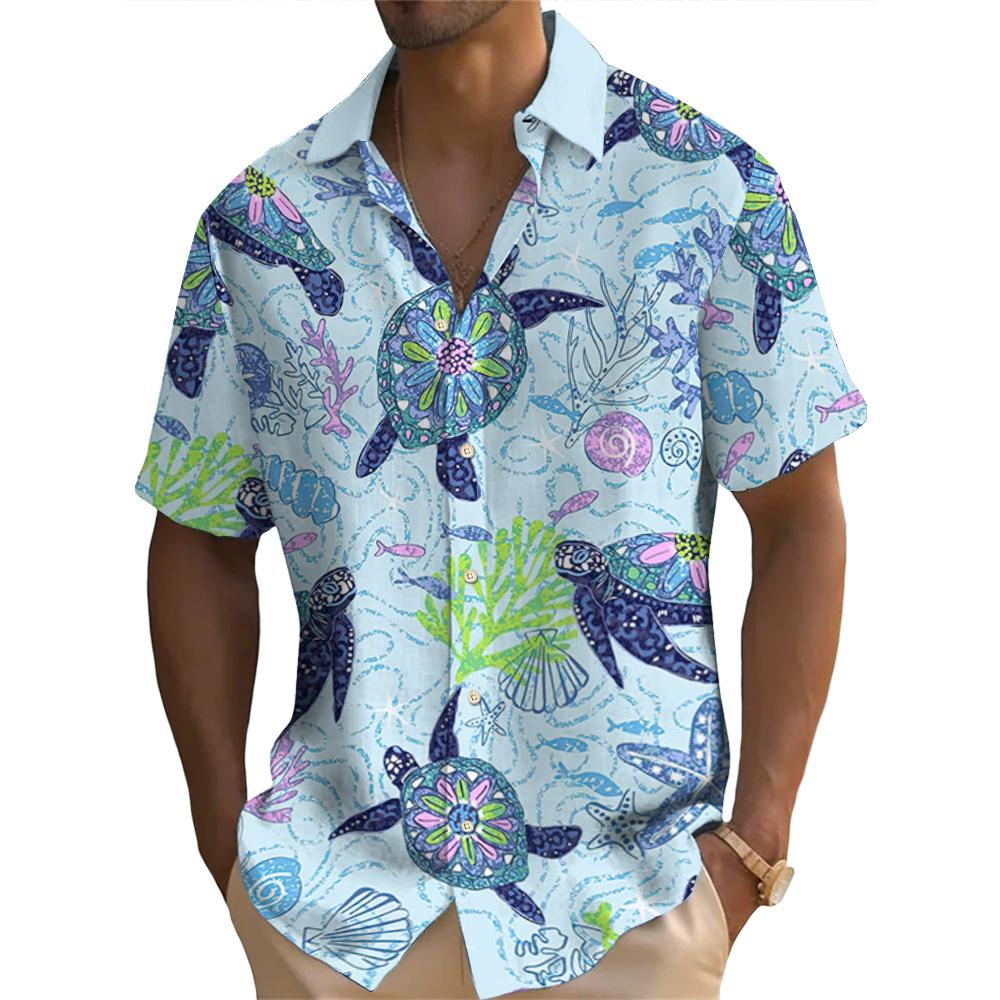 Летняя мода ретро океан животные черепаха принт мужская рубашка с коротким рукавом уличная повседневная свободные мужские рубашки свободные топы
