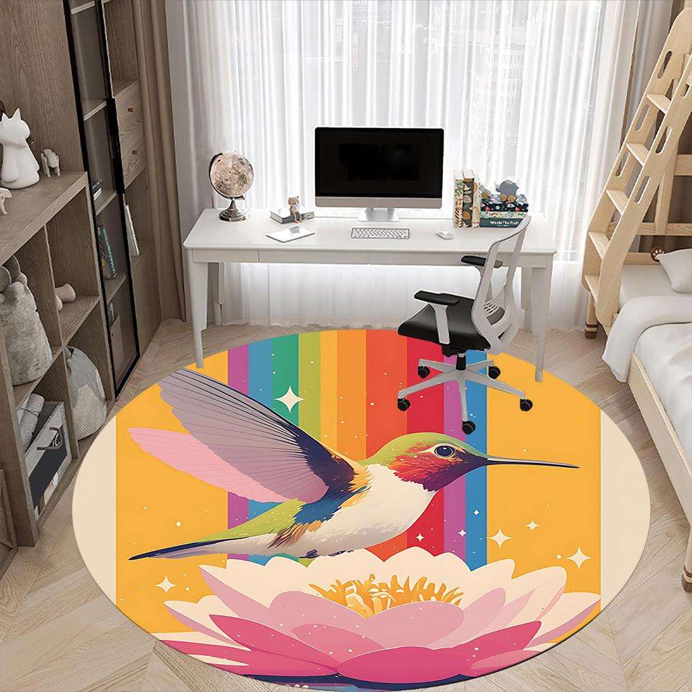 1PC Hummingbird Lotus Office Round Area Rug, Mat Suitable ForOffice, Under Office Chairs Bedroom Living Room Home Decor, Room Deco