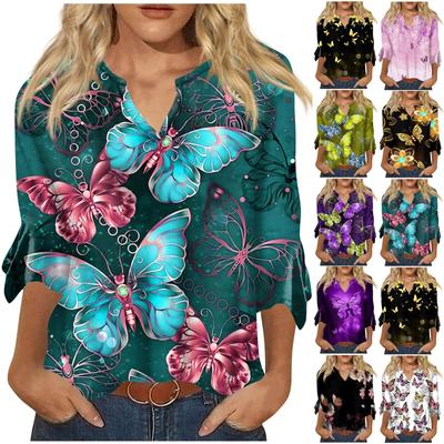 Рубашки с рукавом 3/4 для женщин, футболки с рисунком и принтом бабочки, блузки, повседневные базовые топы больших размеров, пуловеры