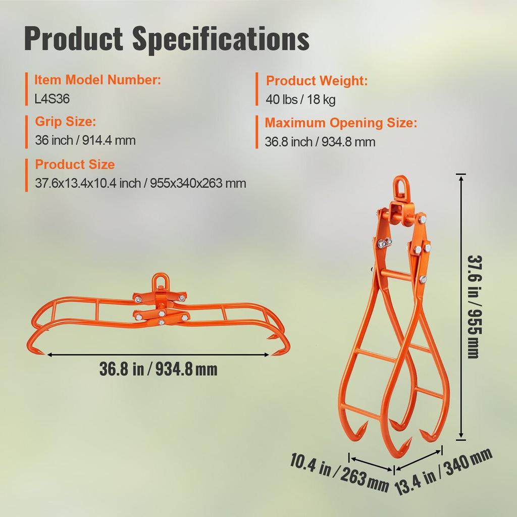 Timber Claw Hook, 36 inch 4 Claw Log Grapple for Logging Tongs, Swivel Steel Log Lifting Tongs, Eagle Claws Design with 3307 lbs/1500 kg Loading