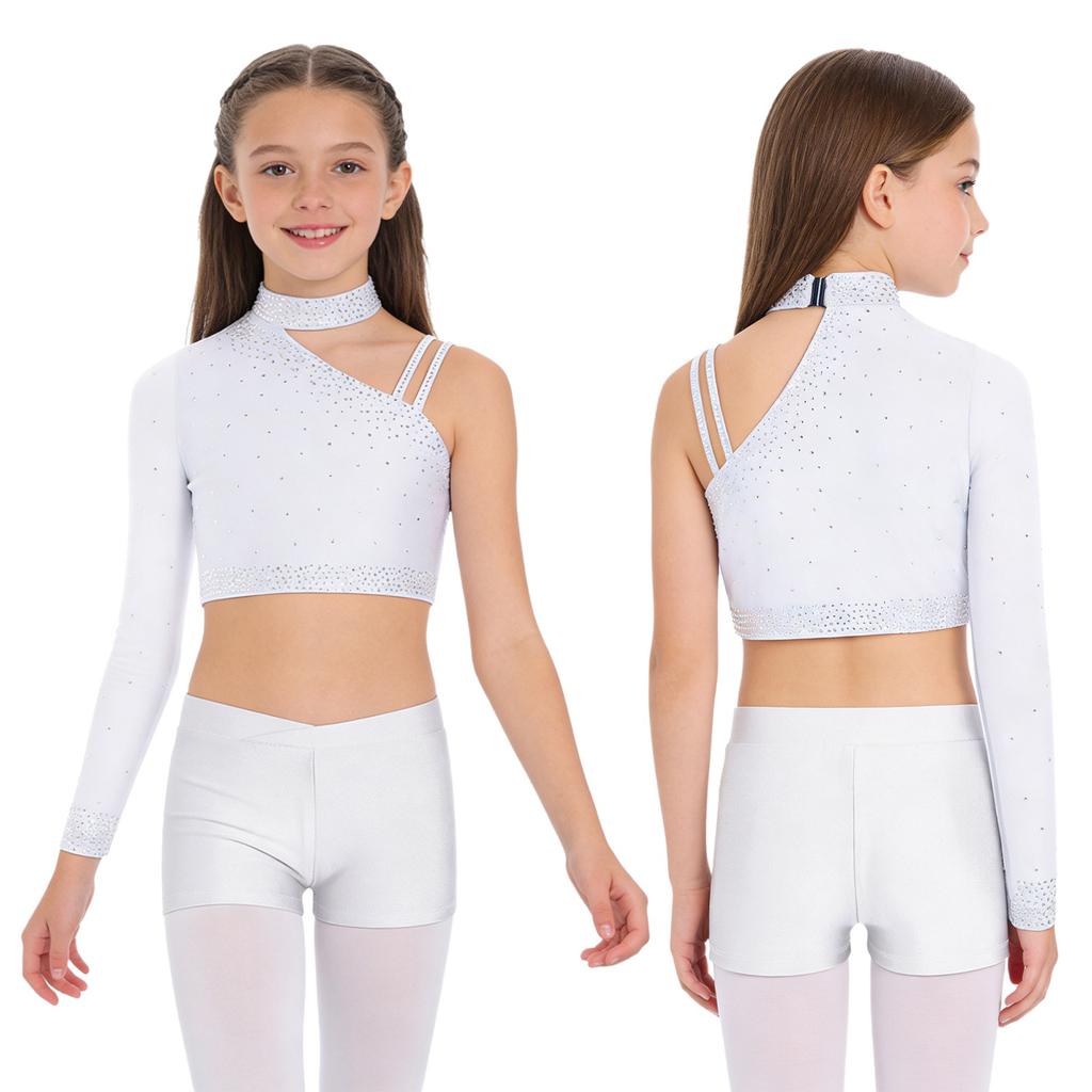 Блестящий укороченный топ для танцев со стразами для девочек: Шорты с асимметричным плечом и V-образным поясом для танцевальных выступлений