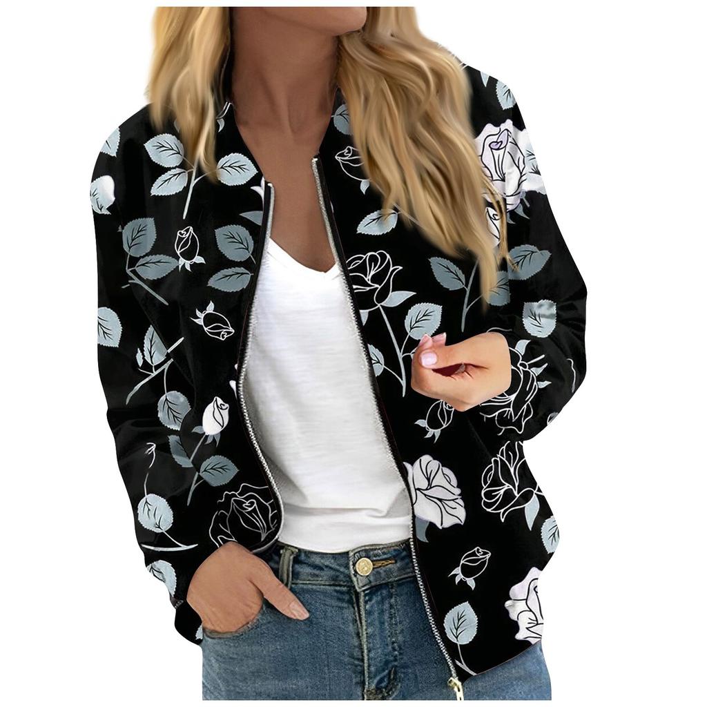 Women's Fashionable Casual Long Sleeve Floral/Leaf Print Round Neck Zipper Jacket