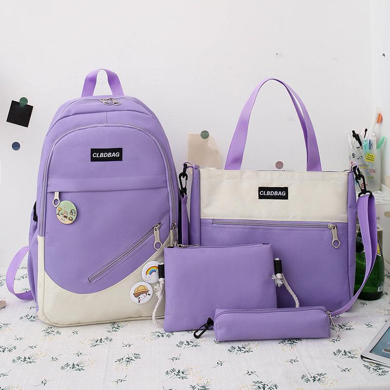 4 Pcs Sets Canvas Schoolbags Girls Women Backpackd Contrast Color Women Laptop Backpack Student Kids Rucksack Backpack