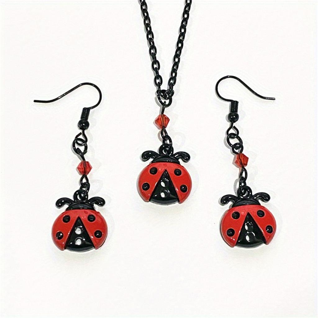 Ladybug Necklace And Earring Set Cute Mini Seven Star Ladybug Pendant Black Chain Red Crystal Accents Charming Costume Jewelry