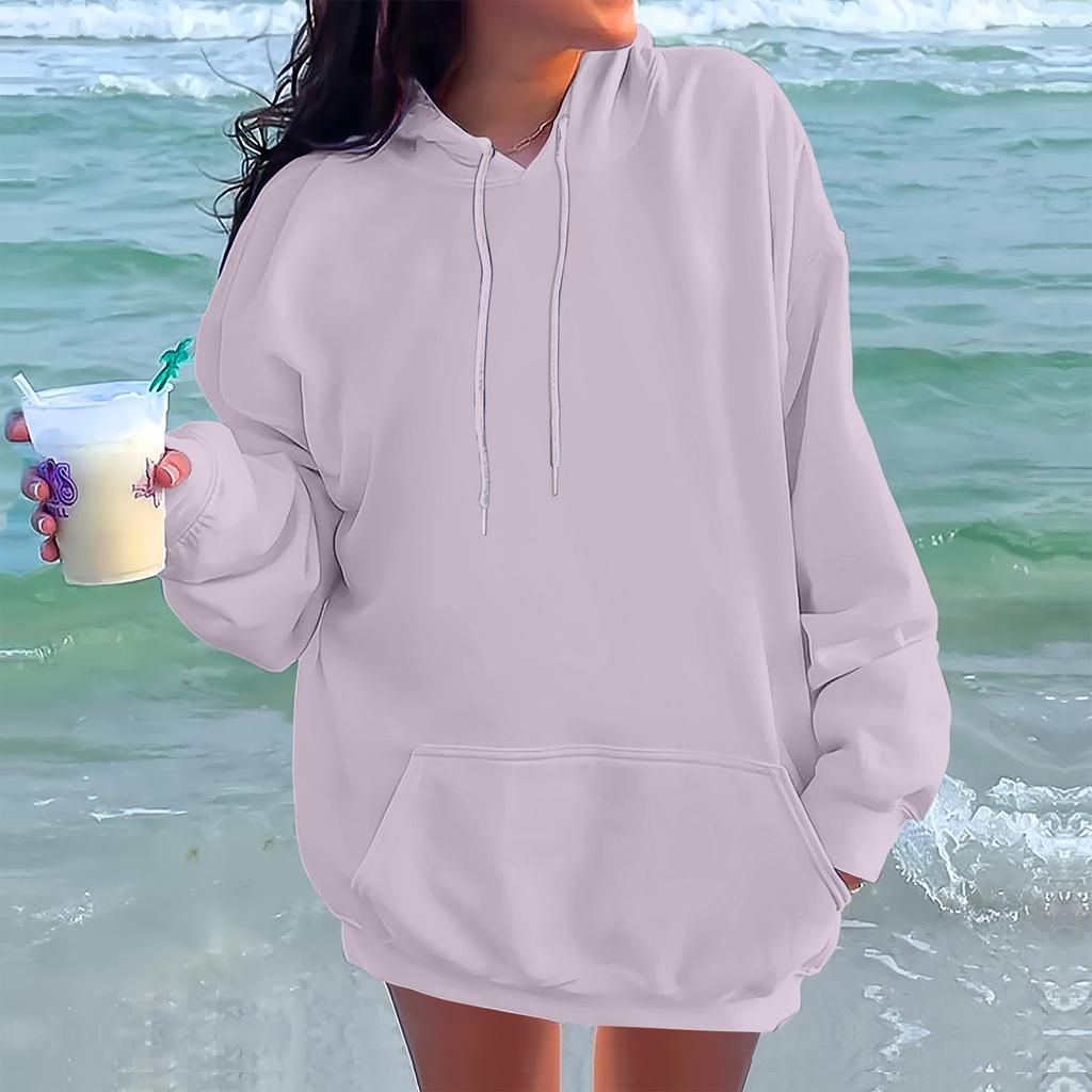Женская модная повседневная толстовка с длинными рукавами и круглым вырезом с капюшоном, однотонная толстовка с прошитой нитью