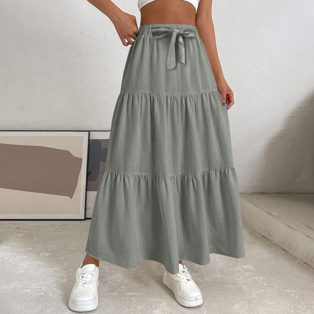 Women's Ruffled Spring Casual Long Skirt Plain Color Skirt Retro Pleated Skirt