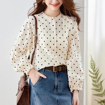 Женская блузка в горошек с круглым вырезом, с длинным рукавом, весенний топ с рукавами-буфами, темпераментная леди, рубашка из чистого хлопка