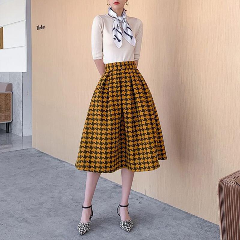 Женская шерстяная юбка в клетку, осенне-зимняя полуюбка, тонкая юбка трапециевидной формы с высокой талией и узором «гусиные лапки»