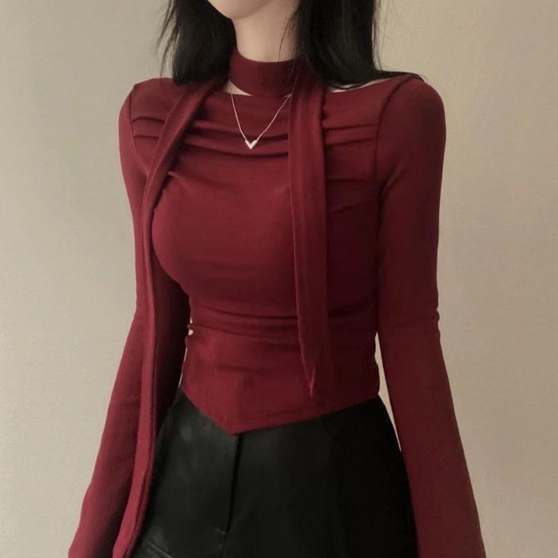 Укороченные футболки Y2K, женские шикарные топы с длинными рукавами, женская винтажная модная футболка с открытыми плечами, женская весенняя повседневная футболка на шнуровке