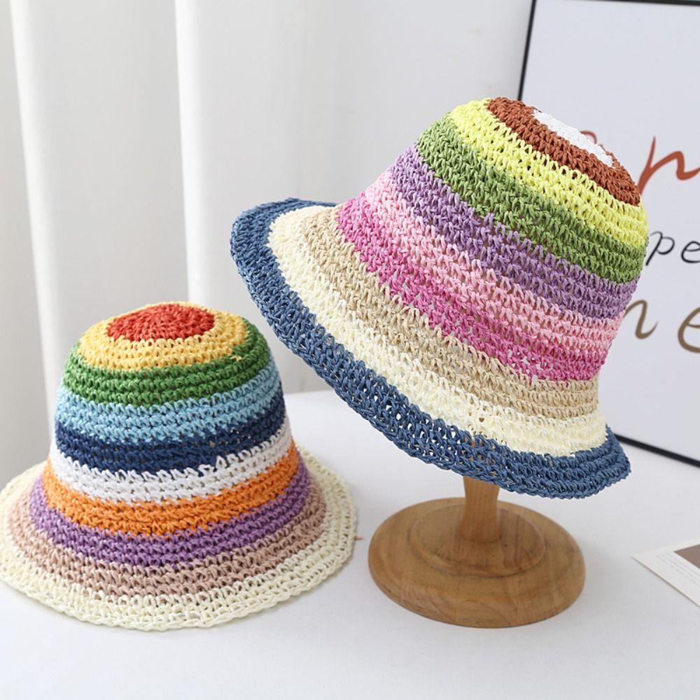 Visor Sunscreen Bucket Hat Crochet Beach Fisherman Hat Fashion Rainbow Straw Hat Girl