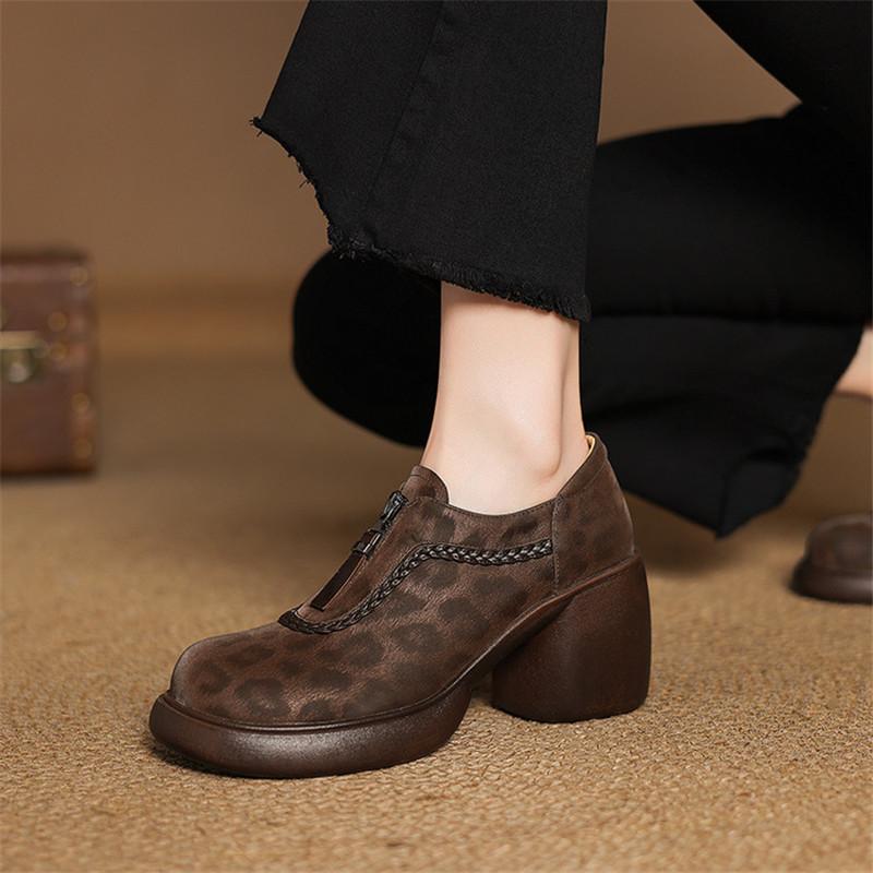 Мода 2025 Новая весна Леопардовый принт Овечья кожа Женская обувь Круглый носок Высокий каблук Женские туфли-лодочки Обувь для женщин Модные лоферы на платформе