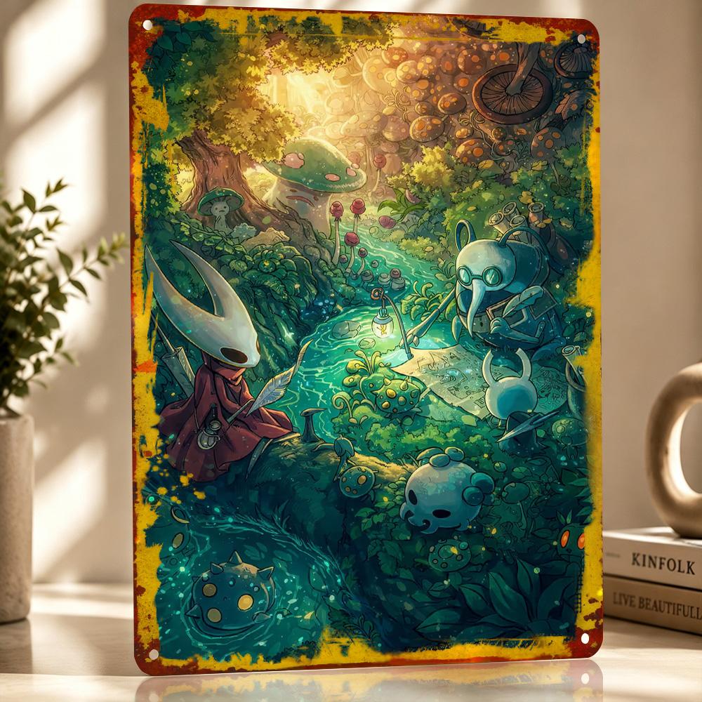 Персонажи Hollow Knight у лесного ручья Персонализированный Металлический Плакат D Текстуры Настенное Искусство Жестяная Вывеска для Декора Стен Деко Деко Жесть