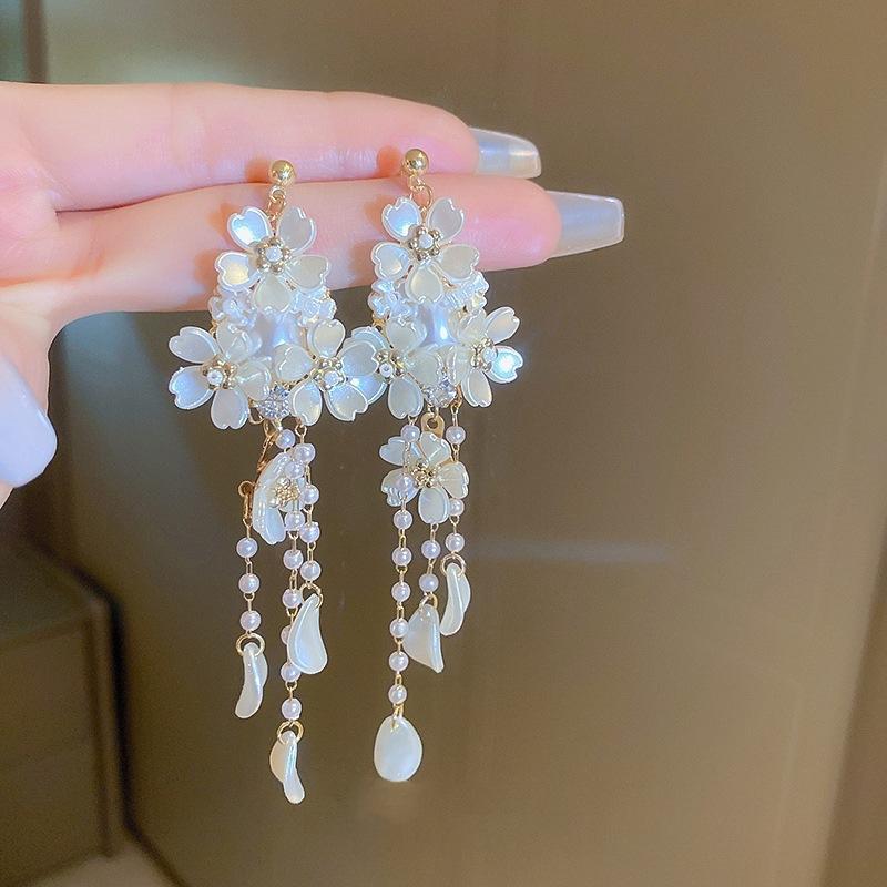 French Style Understated Luxury Floral Long Tassel Earrings Beach Vacation Unique Women Jewelry Gift