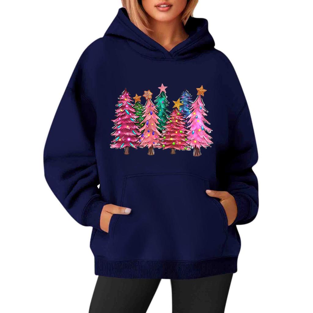 Women's Sweatshirts O-neck Long Sleeve Christmas Printed Top Solid Color Hoodie
