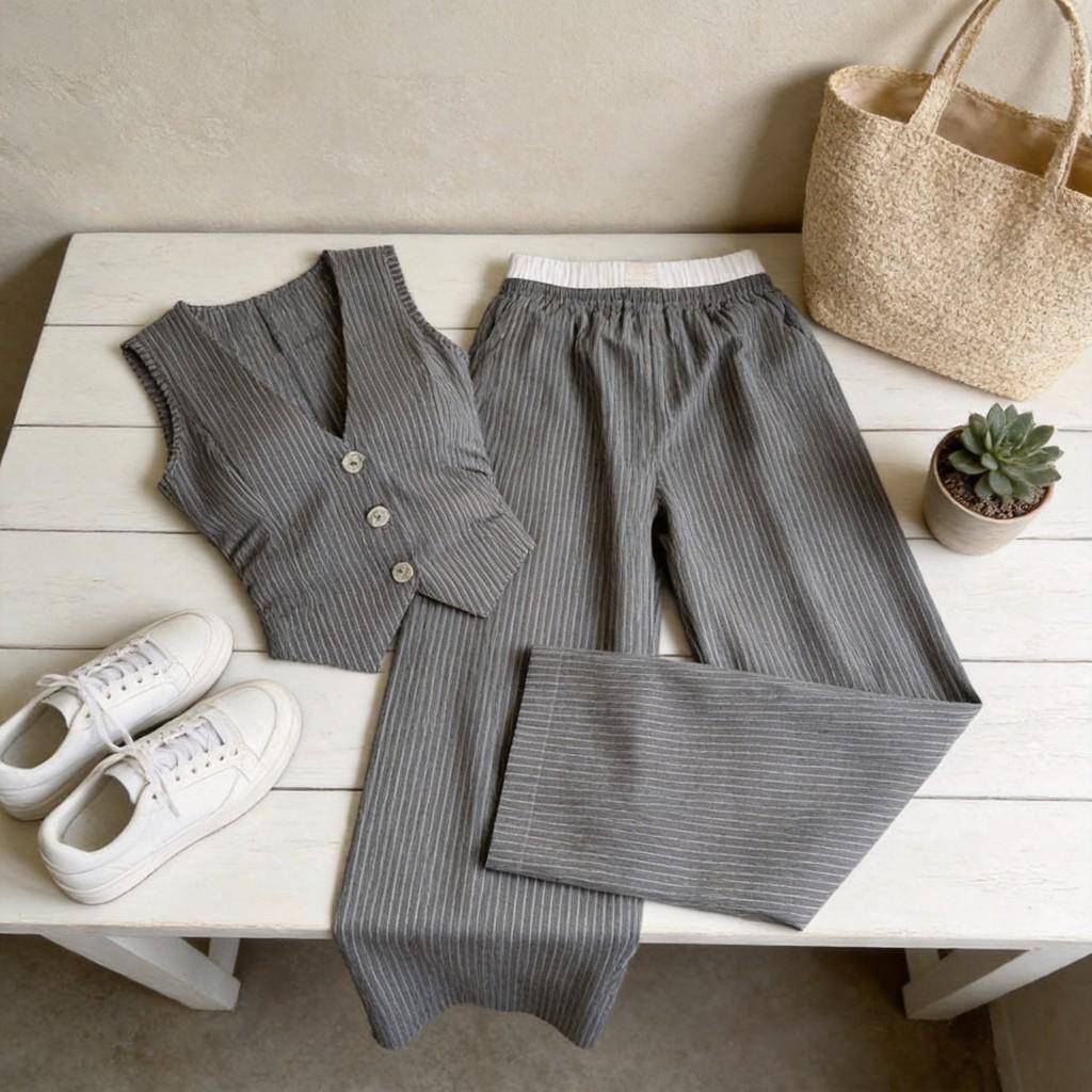 Casual Striped Sleeveless Pants Suit With Cotton Linen Fabric For Office Women