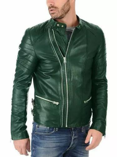 Lambskin Soft Stylish Men's Jacket Green Genuine Lambskin Real Leather Handmade