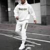 Men's Casual Solid Color Letter-printed Sweatshirt Set, Men's Fleece Hooded Drawstring Sweatshirt And Sweatpants Two-piece Set