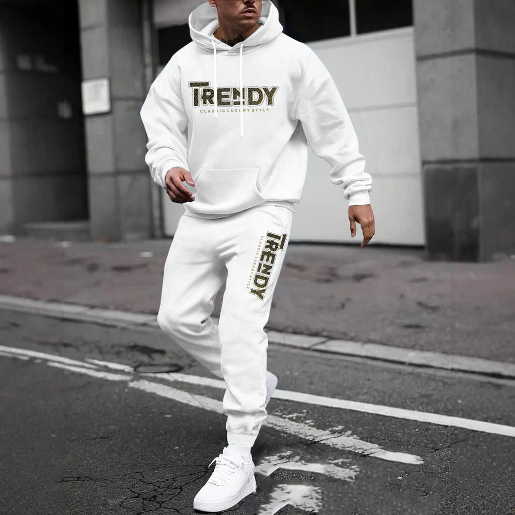 Men's Casual Solid Color Letter-printed Sweatshirt Set, Men's Fleece Hooded Drawstring Sweatshirt And Sweatpants Two-piece Set