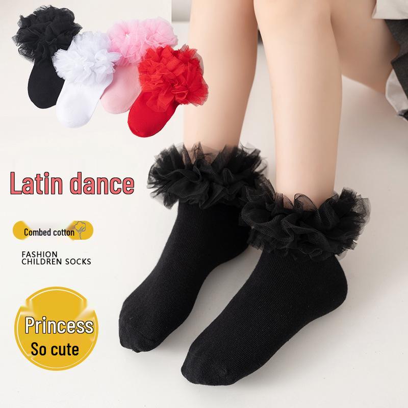Children's Dance Socks - Pure Cotton Lace Socks for Girls, Black & White Latin Dance Styles for Spring & Autumn