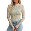 Women's Mesh Floral Print Slim Tops Long-sleeved Pullover