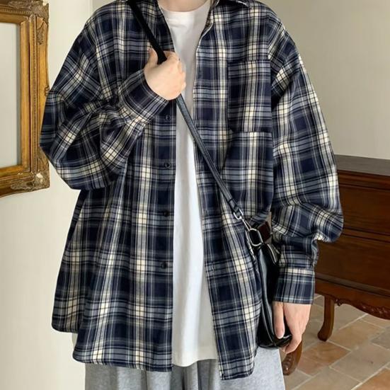 Рубашка в клетку с принтом в стиле ретро, ​​пальто, свободная рубашка с длинными рукавами и лацканами, однобортная мужская повседневная куртка с карманами