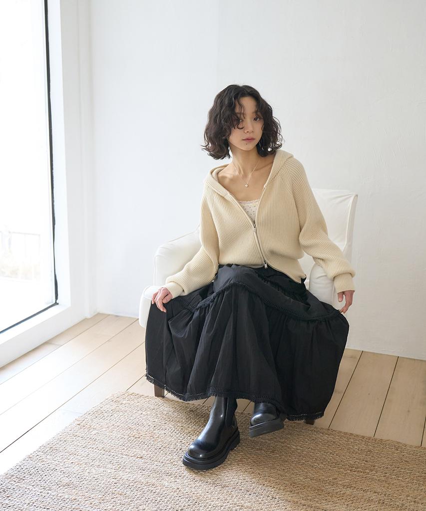 The Green Lab Tassel Frill Tiered Long Skirt [Black]