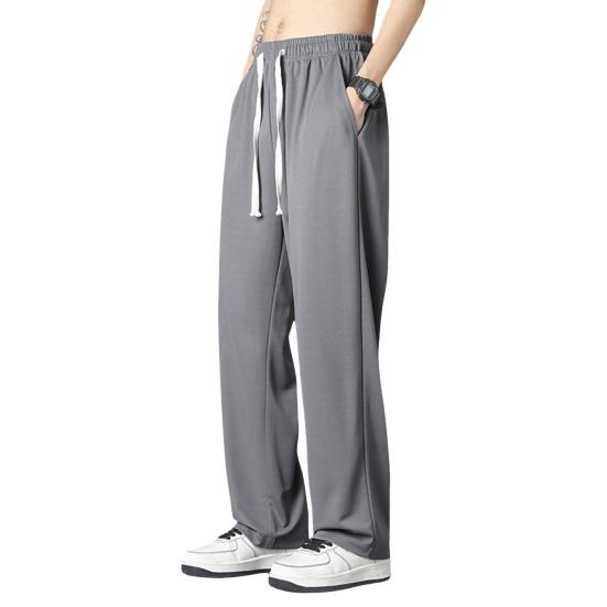 Men Sport Pants Loose Straight Wide Leg Drawstring Elastic Waist Soft Breathable Solid Color Gym Traning Jogging Sweatpants Full Length Trousers
