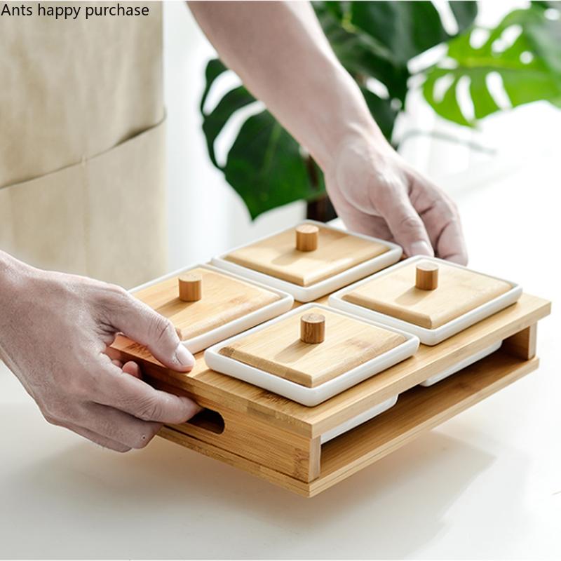 Белая керамическая тарелка для закусок Поднос для закусок Деревянная крышка Стеклянная крышка Деревянные поддоны Набор тарелок для закусок Сухофрукты Фруктовая чаша Поднос для конфет