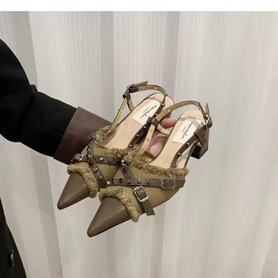 Мода Новый Стиль Сексуальные Модные Т-образные Женские Туфли на Каблуке Женские Шлепанцы Заостренный Носок Мюли Заклепка Женские Тонкие Туфли на Высоком Каблуке Обувь