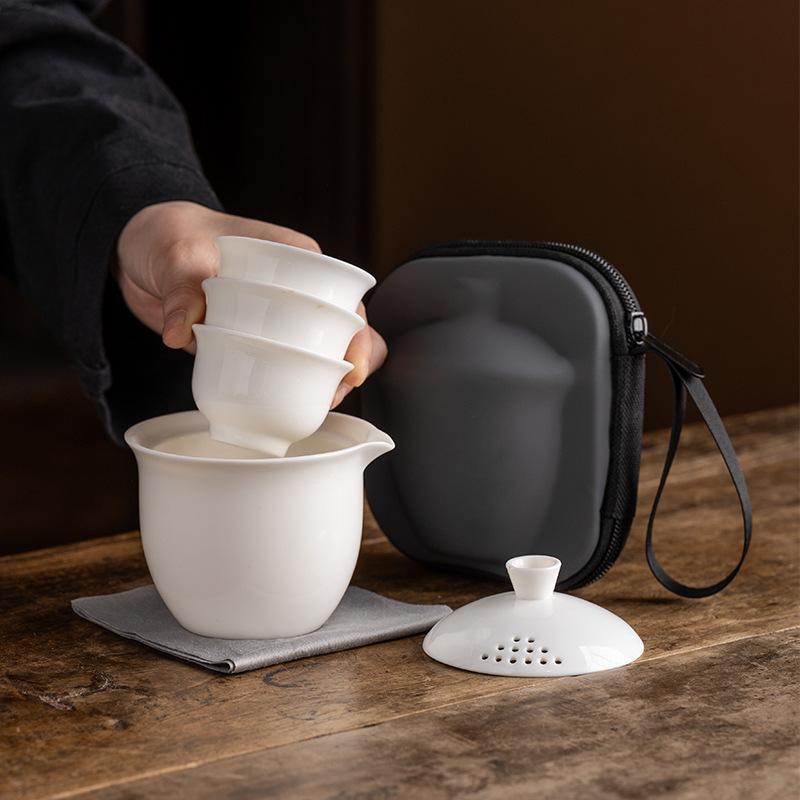 Suet Jade Porcelain Light Luxury One Pot Three Cups Outdoor Portable Travel Kung Fu Tea Set High-end Business Commemorative Gifts