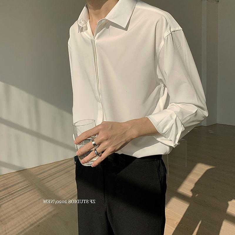 Korean Men's Shirts Retro Iron-free Tees Dark Green White Shirt Men's Long-sleeved Korean Loose Trend Top