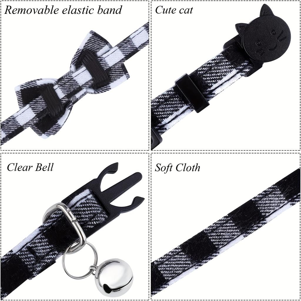 Cat Collars with Bell & Cute Bowtie Adjustable Plaid Polyester Collars for Cats, Kittens & Small Dogs Pet Safety Collar Pet Accessory