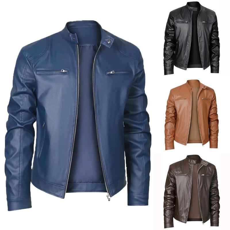Высококачественная мужская приталенная кожаная куртка с воротником-стойкой, карманом на молнии, кожаная мотоциклетная мужская кожаная куртка