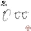 925 Sterling Silver Dazzling Vintage Black Zircon Ring and Earrings Jewerly Set for Women Chic Jewelry