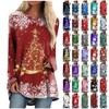 Women's Fashion Casual T-shirt Christmas Printing Long Sleeve Round Neck Medium Long Top