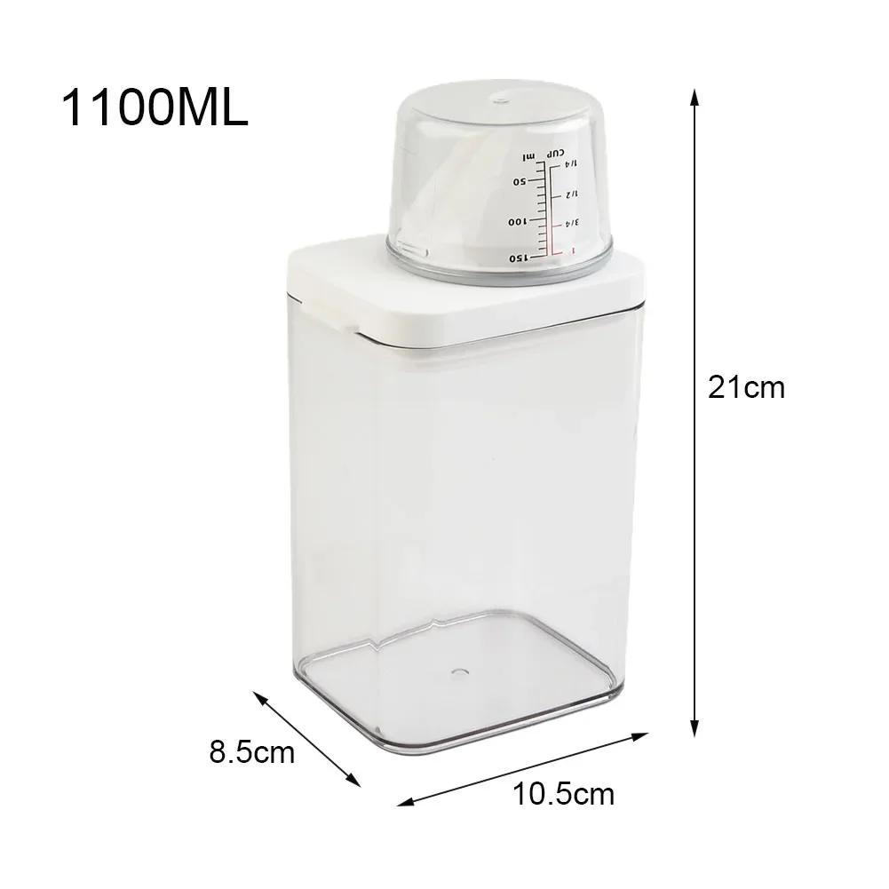 1pc Plastic Laundry Washing Up Powder Container Soap Detergents Storage Box Lid Transparent White Laundry Detergent Dispenser