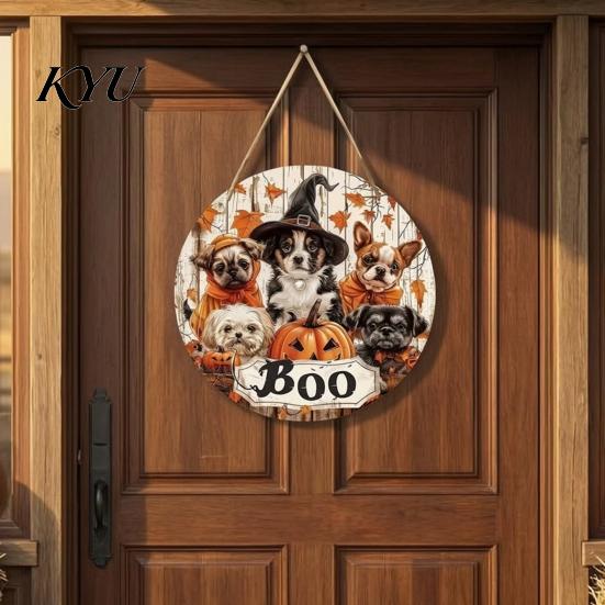 Autumn Maple Leaf Decor Wooden Halloween Door Sign, Cute Puppy Witch Hat Pumpkin Boo Front Gift for Dog Lovers Hanger, Fall Wall Porch Home Decoration