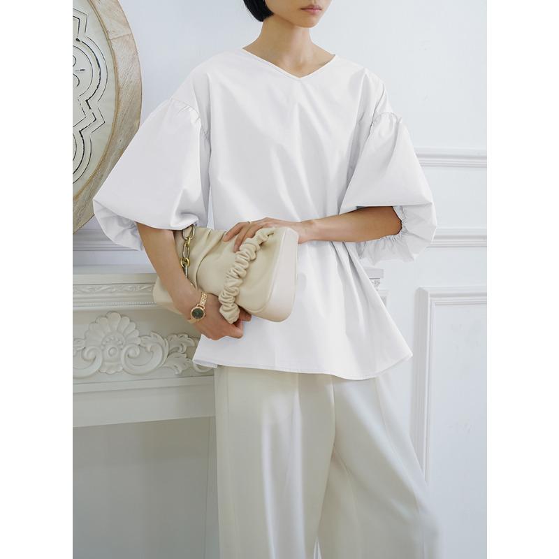 Летняя свободная женская рубашка большого размера из хлопка с рукавами-фонариками и круглым вырезом