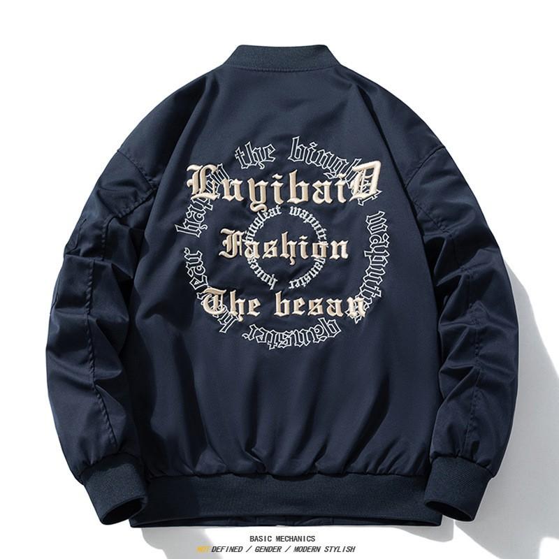 Mens Winter Embroidered Baseball Jacket Casual Loose Fit Hoodless Bomber Style Outerwear Daily Wear