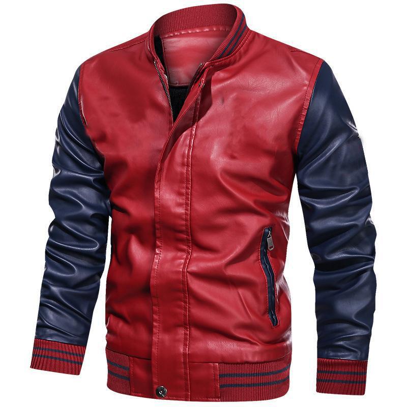 Autumn and Winter Men's Color-inserted PU Leather Jacket Men's Light Version Can Be Printed Casual Stand-up Collar Jacket for Men