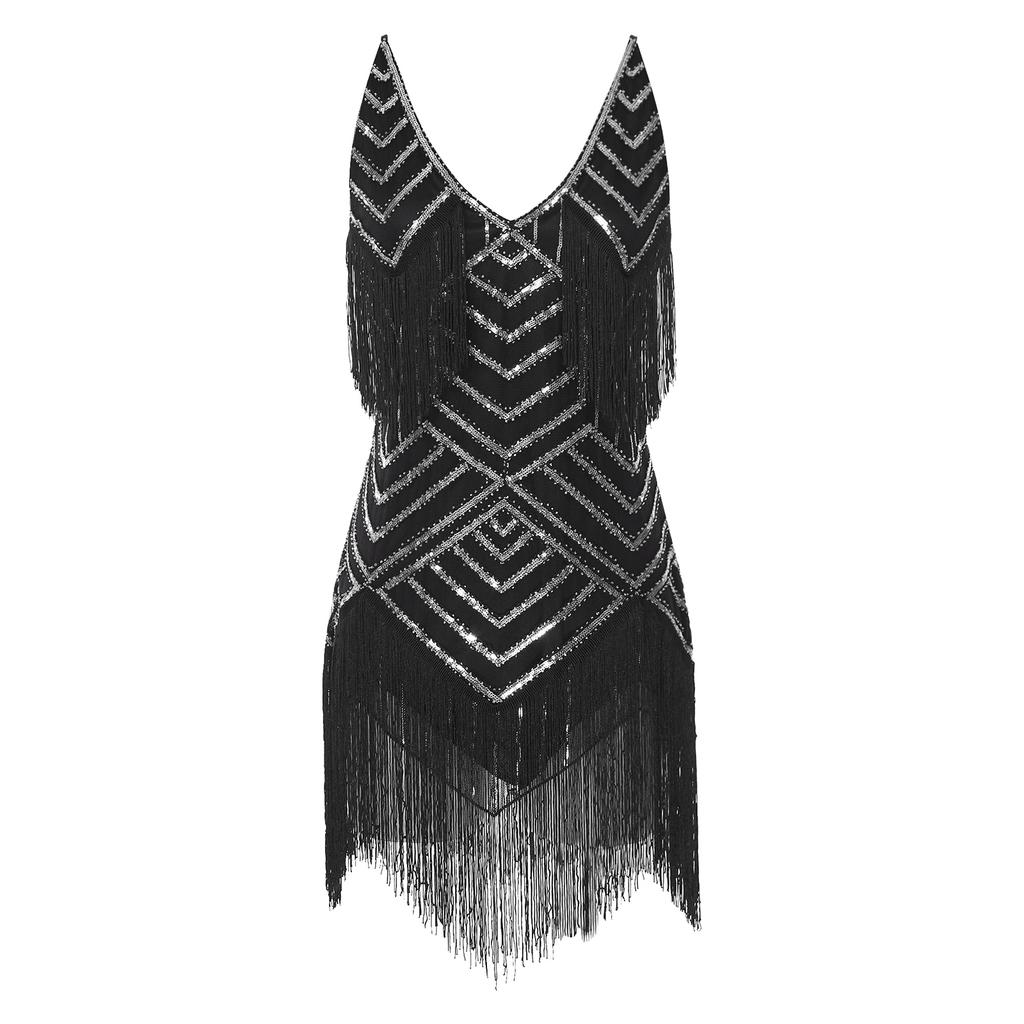 Womens 1920s Flapper Dance Dress V Neck Shiny Sequins Adjustable Spaghetti Straps Fringe Latin Party Costume