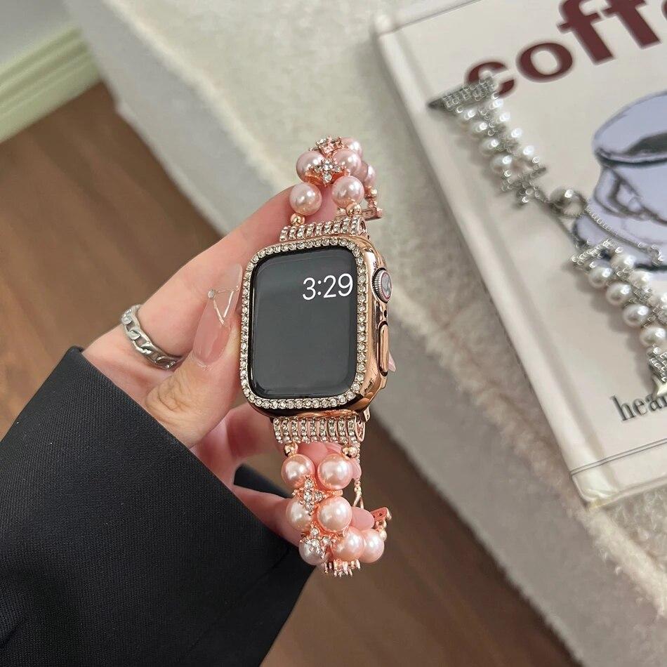 Luxury Metal Strap + Case For Apple Watch Series 9 8 7 6 5 SE 4 38/40/41/42/44/45mm Diamond Pearl Bracelet Band For iWatch UItra 2 49mm
