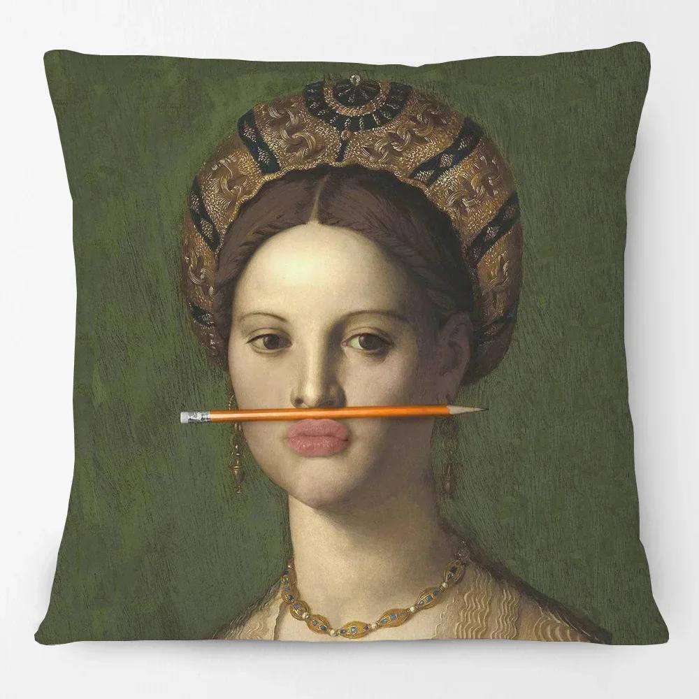 Young Woman and Her Little Boy Print Cushion Cover European Retro Vintage Paintings Pillow Case For Bedroom Sofa