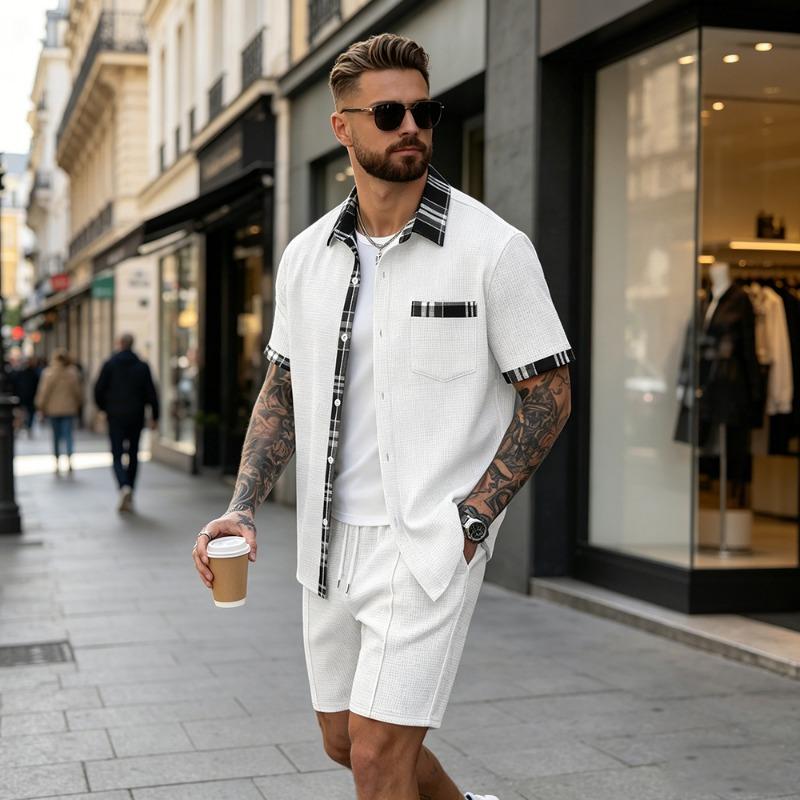 Men S Waffle Plaid Short Sleeve Shirt And Shorts Two Piece Set
