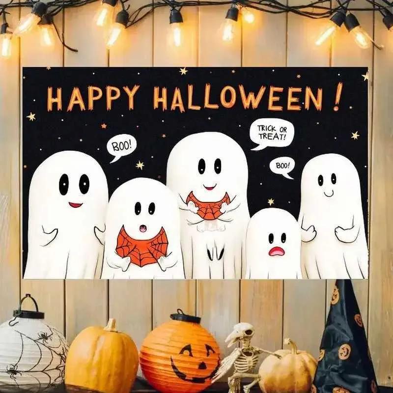 7. VIKAMA Halloween Banner Tapestries Happy Halloween Tapestry Pumpkin Ghost Castle Bat Print Home Outdoor Party Wall Hanging Decor Flag J260928