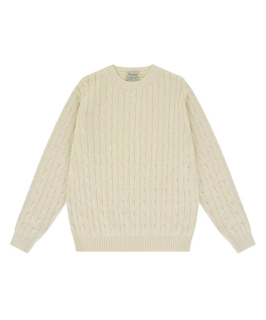 BELLIEF Cable Crewneck Sweater (Ecru)